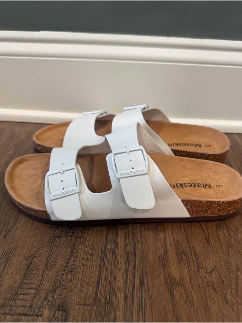 MazeSkin Women’s White Double-Buckle Cork Footbed Sandals